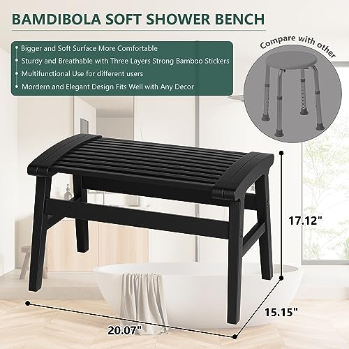 Shower Chair for Insider Shower, Bamboo Shower Bench with Big Soft Surface Waterproof Nonslip Shower Stool for Elderly Disabled, Sturdy Shower Seat 350 lbs Capacity for Bathroom, Living Room (Black) | Bamboo Strip Design, Comfort Sitting Experience, Sturd