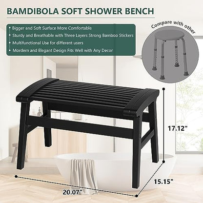 Shower Chair for Insider Shower, Bamboo Shower Bench with Big Soft Surface Waterproof Nonslip Shower Stool for Elderly Disabled, Sturdy Shower Seat 350 lbs Capacity for Bathroom, Living Room (Black) | Bamboo Strip Design, Comfort Sitting Experience, Sturd