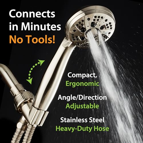 AquaDance High Pressure 6-Setting Full Brushed Nickel Handheld Shower Head with Stainless Steel Hose. Officially Independently Tested to Meet Strict US Quality & Performance Standards! | Anti-clog Jets, Premium Stainless Steel Hose & Adjustable Bracket fo