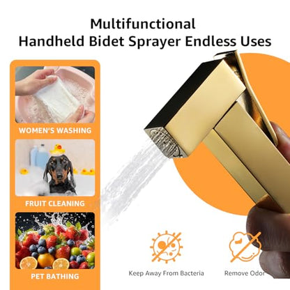 Handheld Bidet Sprayer for Toilet, Cloth Diaper Sprayer with Wall Mounts (ABS) and Hand Held Bidet Bathroom Hose (Stainless Steel), Jet Spray for Toilet, Muslim Shower, Easy to Install (Gold) - color: Gold