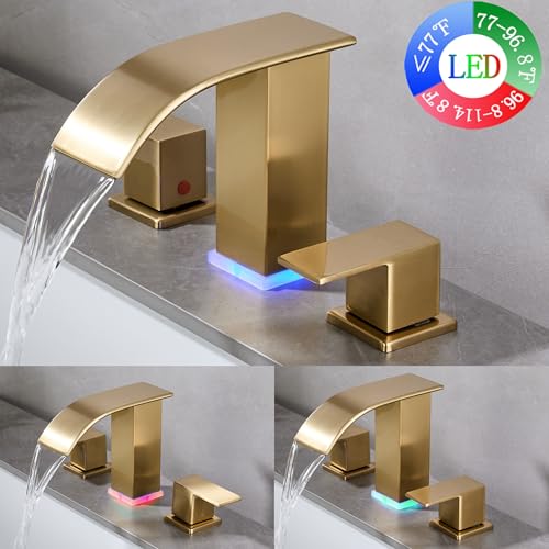 Brushed Gold Bathroom Faucet 3 Hole Widespread Waterfall Vanity Faucet for Bathroom Sink, Modern Touch on Two Handle Gold Faucet (Brushed Gold) - color: Brushed Gold