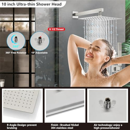 Midanya Shower Faucet Set with Handheld Sprayer,10 Inch,Brushed Nickel | Rough-in Shower Valve and Trim Kit Included,Square Rain Head,Wall Mount Shower System,All Metal,Bathroom - color: Nickel, size: 10 Inch
