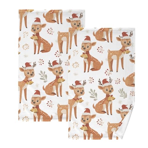 ALAZA Christmas Reindeer Hand Towels for Bathroom Set of 2 Fingertip Towels Face Towels,Cotton Soft Absorbent Bath Towels Xmas Decorative Hand Bath Towel 16x28in - color: A909