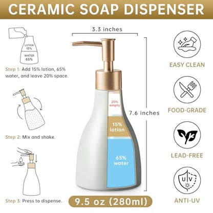 Refillable Gold Dispenser for Bathroom Countertop, Modern Dish Soap Dispenser Bottle for Kitchen Soap Pump Lotion, Ceramic Hand Soap Dispenser with Gold Pump (Khaki) - color: Khaki