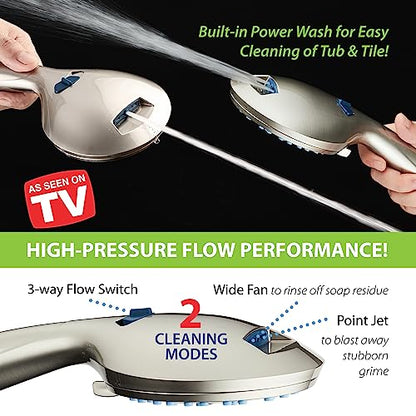 AquaCare 8-mode High Pressure Handheld Shower Head with 2-mode Power Wash | Stay Clean Nozzles, Dual Power Wash for Tub, Tile & Pets, Long 6 ft. Stainless Steel Hose, Wall & Overhead Brackets / Nickel - color: Satin Nickel, style: 2.5 Gallon Per Minute
