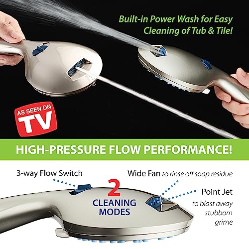 AquaCare 8-mode High Pressure Handheld Shower Head with 2-mode Power Wash | Stay Clean Nozzles, Dual Power Wash for Tub, Tile & Pets, Long 6 ft. Stainless Steel Hose, Wall & Overhead Brackets / Nickel - color: Satin Nickel, style: 1.8 Gallon Per Minute