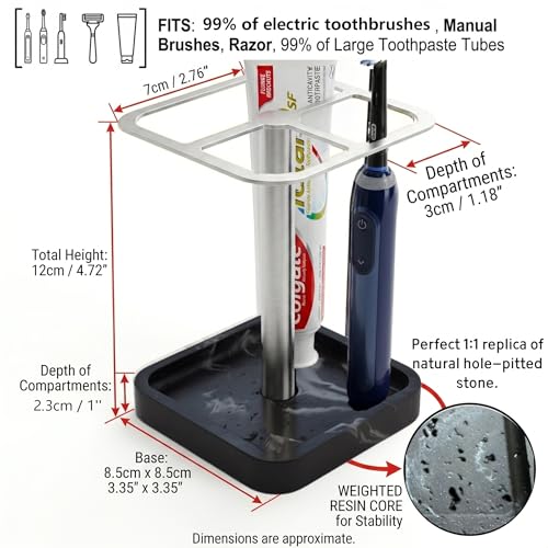 Stainless Toothbrush Holder，3-Slot Design with Resin Marble Base | Hole-Eye Stone Collection: Stainless Steel Electric Toothbrush Holder – Rustproof Vanity Organizer & Space-Saving Caddy - color: Black Silver