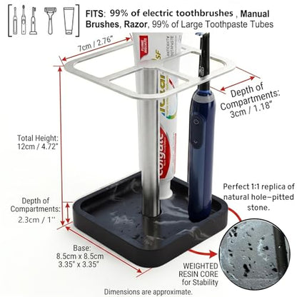 Stainless Toothbrush Holder，3-Slot Design with Resin Marble Base | Hole-Eye Stone Collection: Stainless Steel Electric Toothbrush Holder – Rustproof Vanity Organizer & Space-Saving Caddy - color: Black Silver