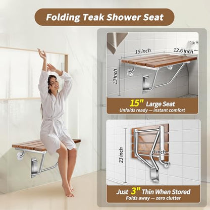 𝙐𝙥𝙜𝙧𝙖𝙙𝙚 15 Inch Folding Shower Seat Wall Mounted, Teak Wood Shower Seat with Stainless Steel Bracket & Finish Cap, 420lb Capacity, for Elderly, Disabled, Pregnant Women, Kids