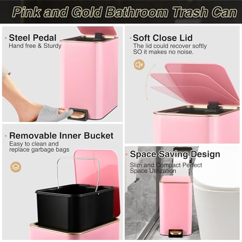 XLHOMO Bathroom Sets with Shower Curtain and Rugs Bathroom Accessories Set Pink Bathroom Set,Shower Curtain Set with Stainless Steel Trash Can - size: Pink, style: Bath Set+Shower Curtain+Bath Rugs