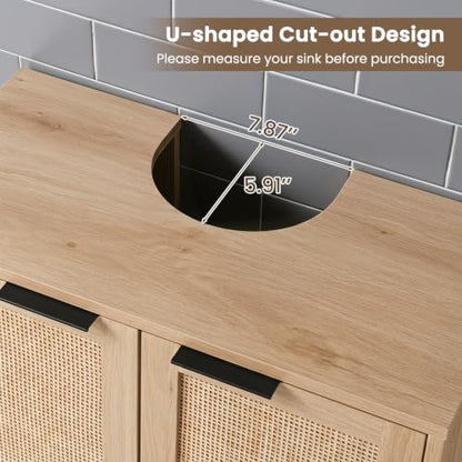 24-inch Pedestal Sink Storage Cabinet, Under Sink Cabinet (Natural) | U-Shaped Cut-Out | 2 Rattan Doors & Shelf | Solid Metal Legs - color: Natural