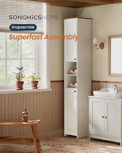 SONGMICS HOME Snapsemble Assembly Bathroom Storage Cabinet, 66.9-Inch Tall | Slim Narrow Freestanding Cabinet, 11.8-Inch Wide, Adjustable Shelves, Rustic White, HOPU Collection UBBC667WJ02S - size: 1 Pack