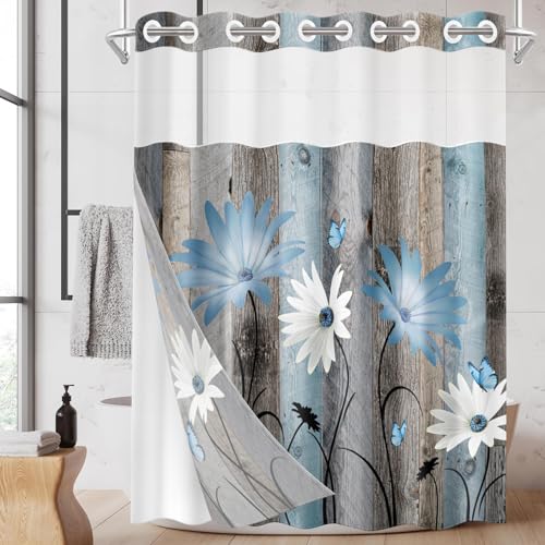 No Hook Shower Curtain with Snap in Liner 54x80 Inch Blue Daisy | Farmhouse Rustic Butterfly Modern Double Layers Waterproof Fabric with See Through Top Window Open Grommet Bath Curtain - color: Blue Retro Daisy, size: 54"W x 80"L (Pack of 1)