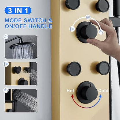 POPFLY Shower Panel Tower System with Shelf, Adjustable Shower Arm Height 8-inch Rainfall Head System, Stainless Steel Shower Panel, 6 Body Jets and 5-Setting Handheld Shower, Brushed Gold - color: 6 Jets with Shelf-Brushed Gold