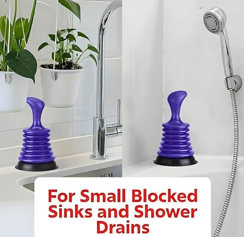 Mini Sink Plunger 2 Pack (Blue & Black), Powerful Bellows Clog Remover, Commercial Style Plumbing Tool for Kitchen & Bathroom Drains, Compact for Sink, Bathtub & Shower