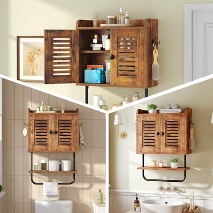 HOOBRO Bathroom Wall Cabinet, Double Doors Medicine Cabinet with Towel Bar, Adjustable Shelf, 2 Hooks, Over The Toilet Storage Cabinet, for Bedroom, Kitchen, Rustic Brown BF46CW01 - color: Rustic Brown + Black