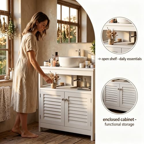 Under Sink Storage Cabinet, U Shape Cutout Wall Mounted Bathroom Vanity Organizer Freestanding Floor Cabinet for Pedestal Sink Waterproof Cabinet for Washroom Householding Cleaning Supplies, White