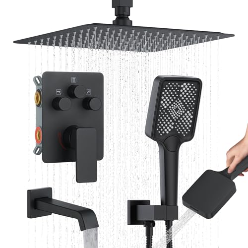Bathtub Shower Faucet Set with Pressure Balance Valve, 12" Ceiling Mount Shower System with Tub Spout Multi-function Handheld Head Push Button Diverter Shower Trim Kit, Matte Black - color: Matte Black, style: 12"-Square-Tub-01