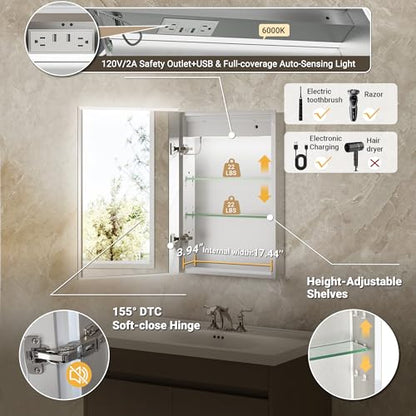 20x26 Medicine Cabinet Mirror with Double Lights & Clock, Front+Backlit Surface or Recessed Fogless Lighted Medicine Cabinet Mirror, 155°Soft-close Right Hinge,Time-Display,Outlet,Inner Light - size: 20x26'' (Right Hinge)