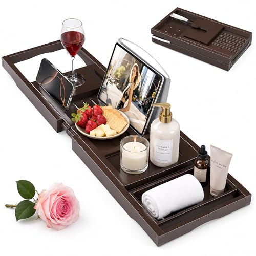 Artmeer Foldable Bamboo Bathtub Caddy Tray Expandable Bath Table for Tub with Cup Holder Book Stand and Bathroom Organizer, Brown