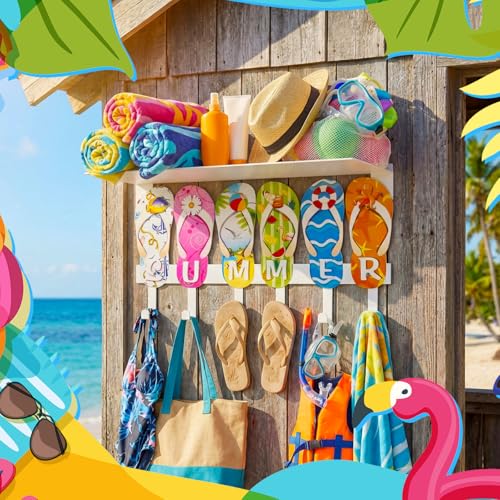 Pool Towel Rack Outdoor with 6 Hooks Summer Beach Wall Hook | 15.7" x 5.1" Wall Mounted Metal Towel Holder, Flip Hanger Hawaiian Rack, for Bathrobes Clothes Bag Swimsuit, Bathroom Decor
