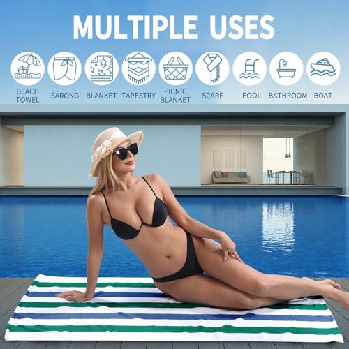 Beach Towel Set-4 Pack 30"x60" Sand Free Stripe Beach Towel for Pool,Bathroom,Soft Absorbent Quick Dry Lightweight Beach Bath Towel,Camping Blanket,Travel Towel,Beach Essentials for Adults,Green/Blue - color: Dark Green/Blue
