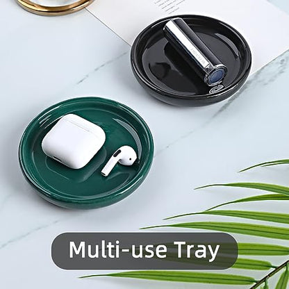 Round Self Draining Soap Dish, Small Ceramic Tray, Cute Jewelry Dish, Keep Soap Dry & Bathroom Décor (Black) - color: Black