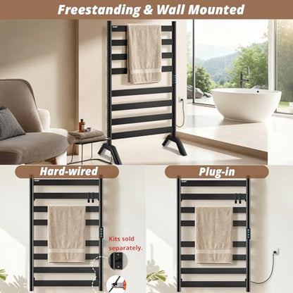 Heated Towel Rack Freestanding & Wall-Mounted, WiFi 8 Bar Towel Warmer Rack | WiFi Control, Extra-Wide Heating, Child Safety Lock, 1-24H Timer & Multi-Level Temp, Stainless Steel, Plug-in, Matte Black - color: Matte Black