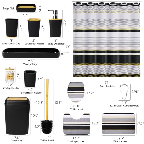 24PCS Bathroom Sets with Shower Curtain and Rugs,Black Bathroom Accessories Set Waterproof White and Gold Shower Curtain Set,Black and White Bathroom Accessories - size: Bath Set+Shower Curtain+Bath Rugs, style: Black8