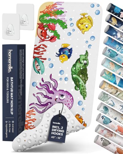 homerella Bathtub Mat Non Slip Kids 40x16 Baby Bath Mat Non Slip Anti Mold | 100% BPA Free, Non Toxic, Mildew Resistant, Machine Washable, Extra Long Kids Bath Mat for Tub Non Slip, Toddler Bath Mat - color: Fishes, size: 40" x 16" (Rectangular)