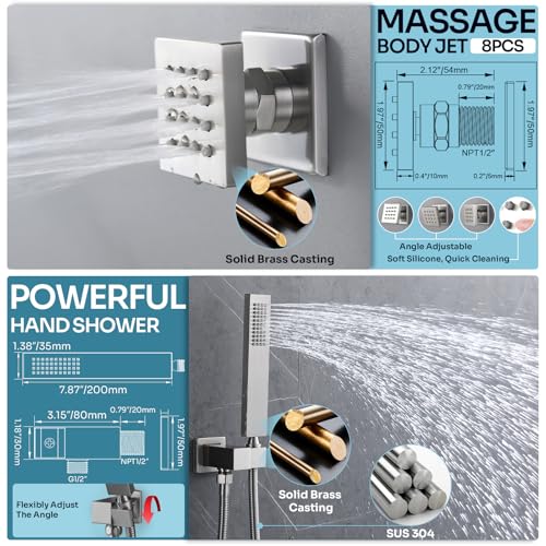 HOMEDEC Couples Luxury Shower System, LED 14x20" and 6" Side Shower Heads, 4-Way Diverter Valves Multi-Function Shower Faucet Set, Brushed Nickel - color: Brushed Nickel