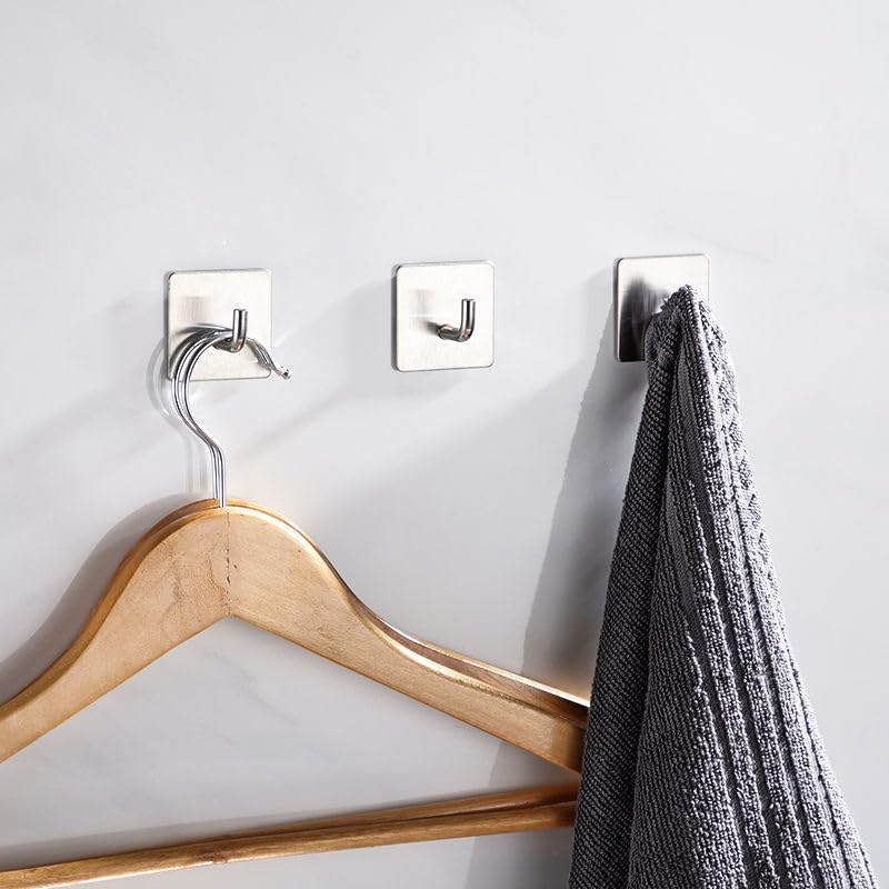 6 Pcs Stainless Steel Adhesive Hooks, Heavy Duty Waterproof in Shower Hook for Hanging Loofah, Towels, Clothes, Robes for Bathroom Removable Adhesive Wall Door Hangers, Square