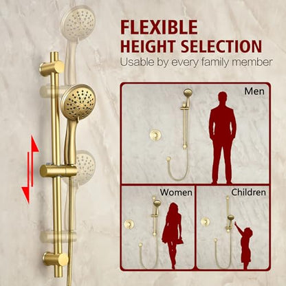 SUMERAIN Brushed Gold Shower System with Slide Bar | High Pressure Multi-modes Shower Head and Handheld, Rainfall Shower Faucet, Included Valve and Trim Kit - color: Brushed Gold