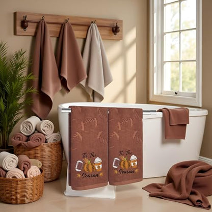 2 Pack Fall Hand Towel Jacquard Embroidered Cotton Kitchen Towels Farmhours Thankful Bath Towels Set Thanksgiving Bathroom Decor (Brown Football, 2*Hand Towel) - color: Brown Football