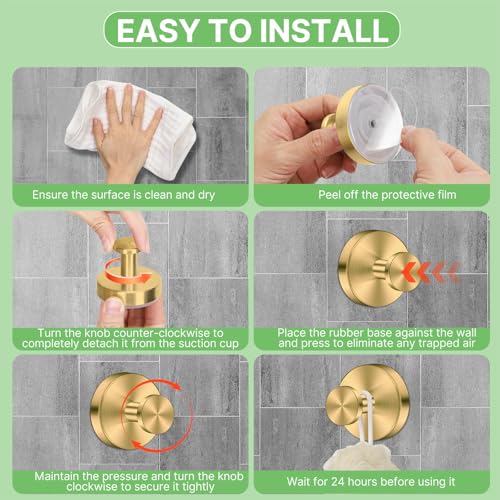 Gold Waterproof Suction Cup Hooks, 2-Pack Heavy Duty Stainless Steel No Drill Shower Hooks for Hanging Towels, Robes, Loofahs, Holder Holds Strong on Tile, Glass, Mirror, Wall, Bathroom Door - color: gold-2pcs