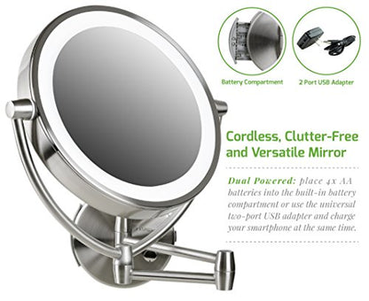 Ovente 9.5" Lighted Wall Mount Makeup Mirror, 1X & 10X Magnifier, Spinning Double Sided Round LED Dimmer Switch, Extend, Retractable & Folding Arm, Battery USB Powered Nickel Brushed MLW45BR1X10X - color: Nickel Brushed, size: 13.4"L x 3.4"W, style: 10X M
