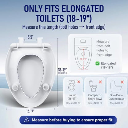 Raised Toilet Seat 3 Inch for Standard Elongated Toilets 18–19 Inch Bowl Length, Not Compatible with Round or One-Piece Toilets, Slow-Close Lid, Non-Slip Stable Design, 772 lb Capacity