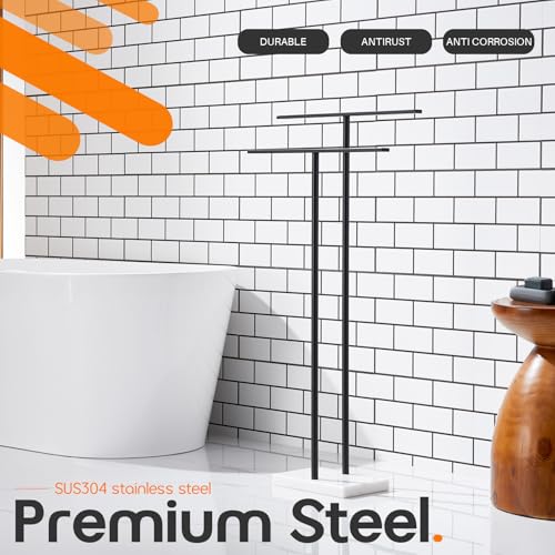 Free Standing Towel Racks Matte Black 2-Tier Towel Holder for Bathroom Floor Stand with Heavy Marble Base Thicken Steady Design Stainless Steel AN7005MB - color: Matte Black
