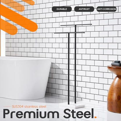 Free Standing Towel Racks Matte Black 2-Tier Towel Holder for Bathroom Floor Stand with Heavy Marble Base Thicken Steady Design Stainless Steel AN7005MB - color: Matte Black