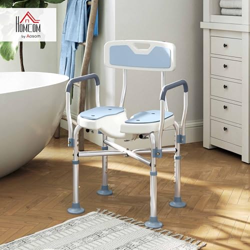 HOMCOM Padded Shower Chair with Arms and Back for Seniors, Light Blue | HDPE, Adjustable Height, Anti-slip, Tool-Free Assembly, Bath Seat, Shower Bench, for Disabled