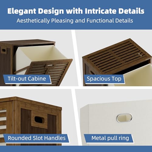HITNET Bamboo Tilt Out Laundry Hamper, Bathroom Storage Cabinet with Hidden Removable Basket and 3 Sides Cutout Handles, Freestanding Hamper Organizer for Dirty Clothes, Walnut - color: Walnut
