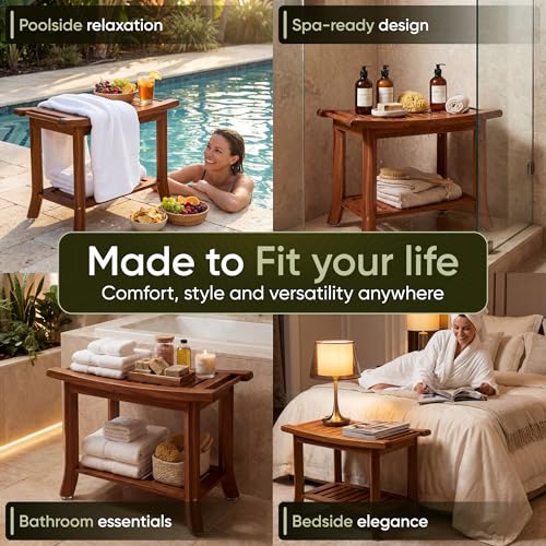 Teak shower bench with Storage Shelf, Shower Stool for Inside Shower, Waterproof Shower Bench Seat, Shower Chair for Inside Shower, Wood Bench, Bathroom Bench (Natural Wood) (Natural Wood) - color: Natural Wood