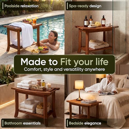 Teak shower bench with Storage Shelf, Shower Stool for Inside Shower, Waterproof Shower Bench Seat, Shower Chair for Inside Shower, Wood Bench, Bathroom Bench (Natural Wood) (Natural Wood) - color: Natural Wood