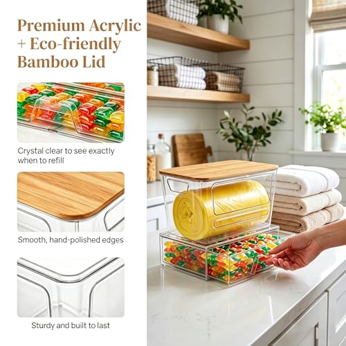 Trash Bag Dispenser Under Sink Organizer, Plastic Garbage Bag Holder with Bamboo Lid, Stackable Container for Dishwasher Pods & Laundry Pods, Kitchen Cabinet Pantry Laundry Room Organization Storage.