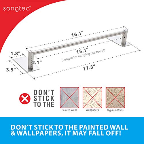 Songtec Bathroom Towel Bar 16-inch, No Drill Stick On Towel Rack, Easy Install with Self-Adhesive, Premium SUS304 Stainless Steel - Brushed Nickle - color: Brush Nickle, size: 16-Inch