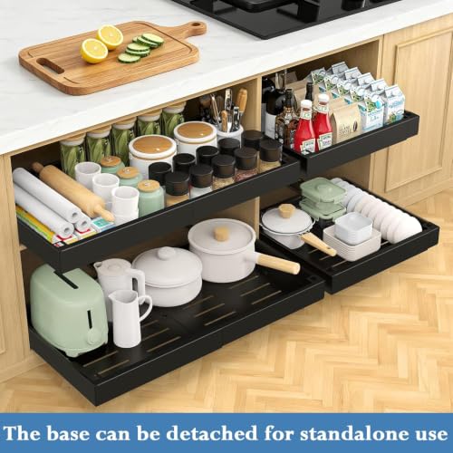 Aisslro Under Sink Organizer, 2 Tier Pull Out Cabinet Organizer, Expandable & Adjustable Slide Out Shelf 17.9''–29.5'', Under Sink Storage for Kitchen Bathroom Laundry Cabinet Storage, Black - size: Large