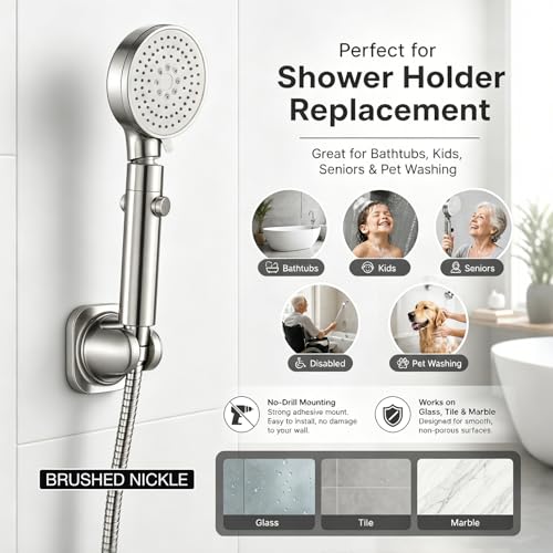 Handheld Shower Head Holder - 5 Angles Adjustable - Concealed Adhesive Mount with Screw Option - Wall Mount Shower Hose Holder (Brushed Nickle) - color: Brushed Nickle