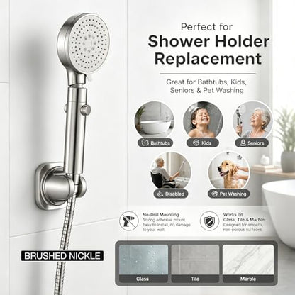 Handheld Shower Head Holder - 5 Angles Adjustable - Concealed Adhesive Mount with Screw Option - Wall Mount Shower Hose Holder (Brushed Nickle) - color: Brushed Nickle