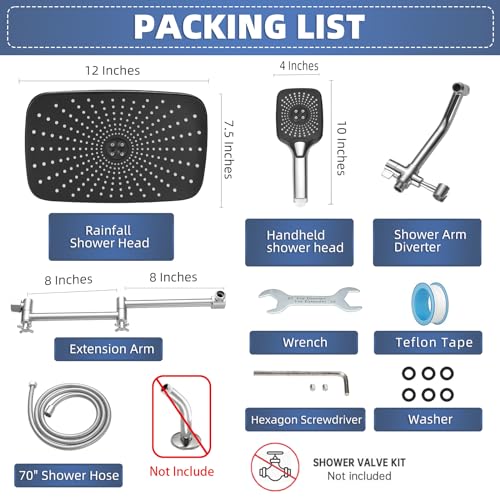 12" High Pressure Rain/Rainfall Shower Heads With Handheld Spray Combo (3+1 Settings & Built-in Power Wash Mode), Double/Dual Shower Head With Handheld - Height/Angle Adjustable(Polished Chrome) - color: Polished Chrome, size: 12 Inch