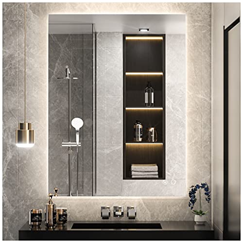 Keonjinn 30 x 36 Inch LED Mirror for Bathroom, Backlit Vanity Mirrors with Dimmable 3-Color Lights, Warm/Natural/White, High Lumen, Anti-Fog, Shatterproof Tempered Glass, CR90+(Vertical/Horizontal) - color: Backlit 3-color, size: 36"L x 30"W